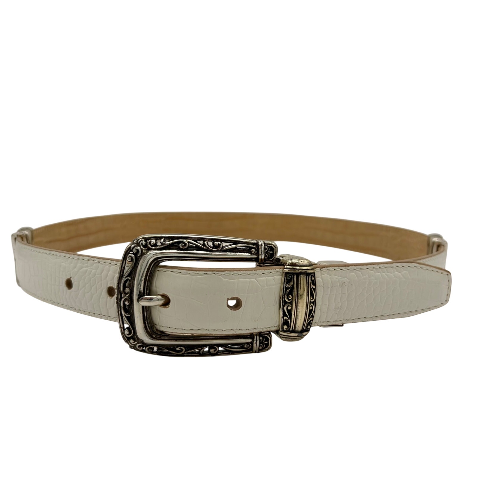 Brighton Reversible Leather Belt White Tan Croc M 30 Western Silver Tone Buckle